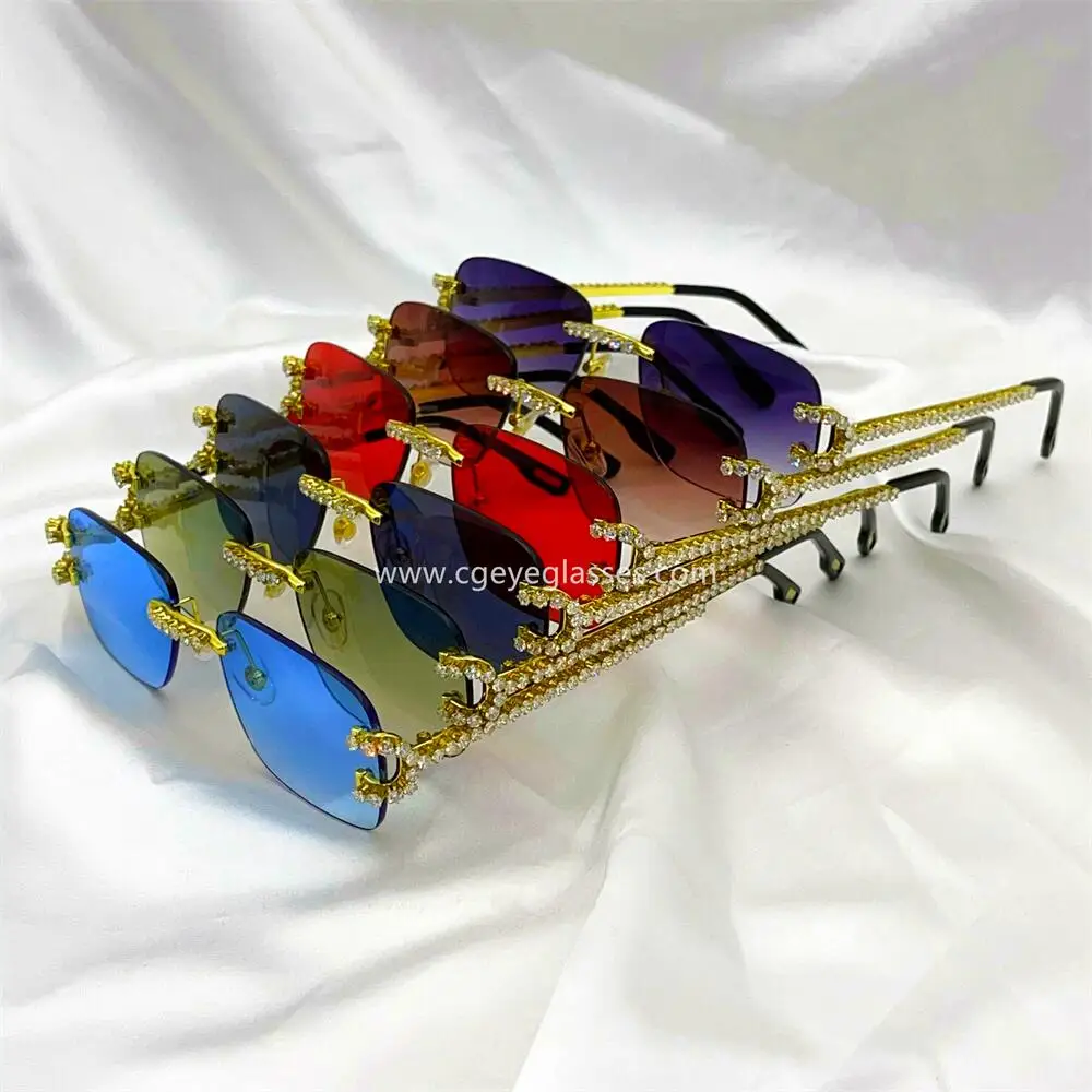 2022 Luxury Rhinestone Sunglasses Small Rimless Rectangle Sun Glasses