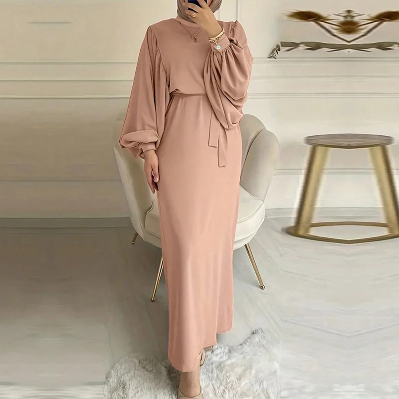 Arab Abaya Fashion Modest Maxi Dresses 2026 Muslim Women pink Lantern  Sleeve Belted Maxi Dress