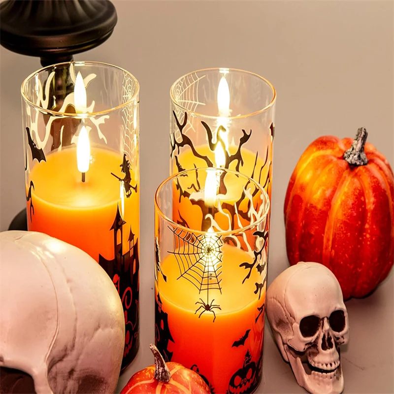 Spooky LED Halloween candle with gothic Halloween print design, perfect for creating a chilling atmosphere