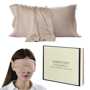 100% EcoBamboo Pillowcase Gift Set Embroidered Knitted Blackout Sleeping Mask for Women Men Soft Eye Covers for Home Hotel Use