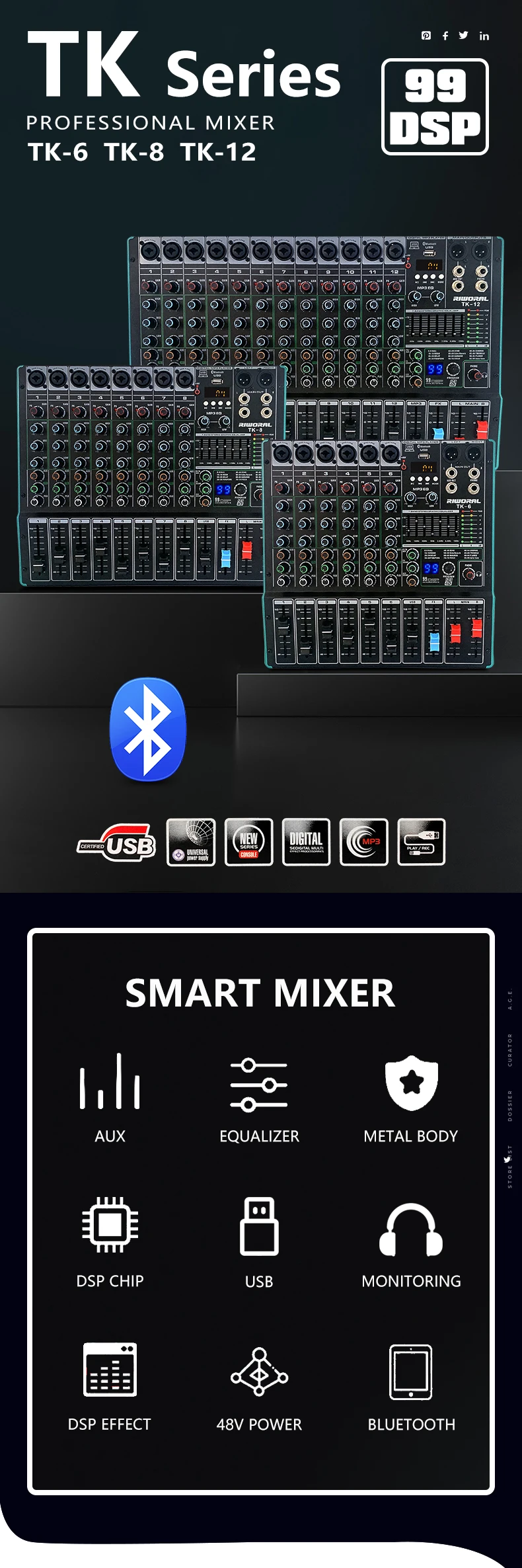 TK8 Professional 8-Channel Home Party Audio Mixer with 99DSP