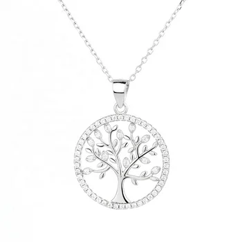Wholesale Jewelry 925 Sterling Silver CZ Round Shape Tree of Life Necklace