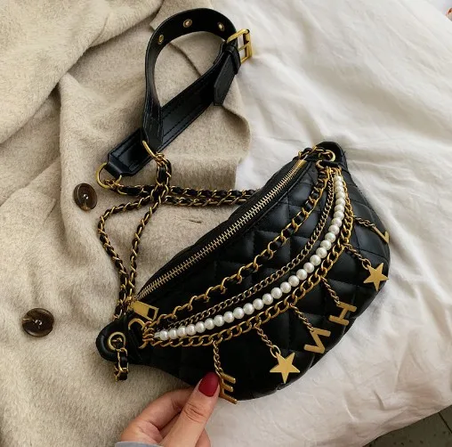 Luxury Pu Leather Waist Bag Star Chain Decoration Fanny Pack For
