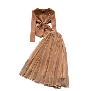 Customize Autumn Women's Solid Woven Casual One Set Top & High Waist 3D Slim Mesh Midi Suit Wholesale