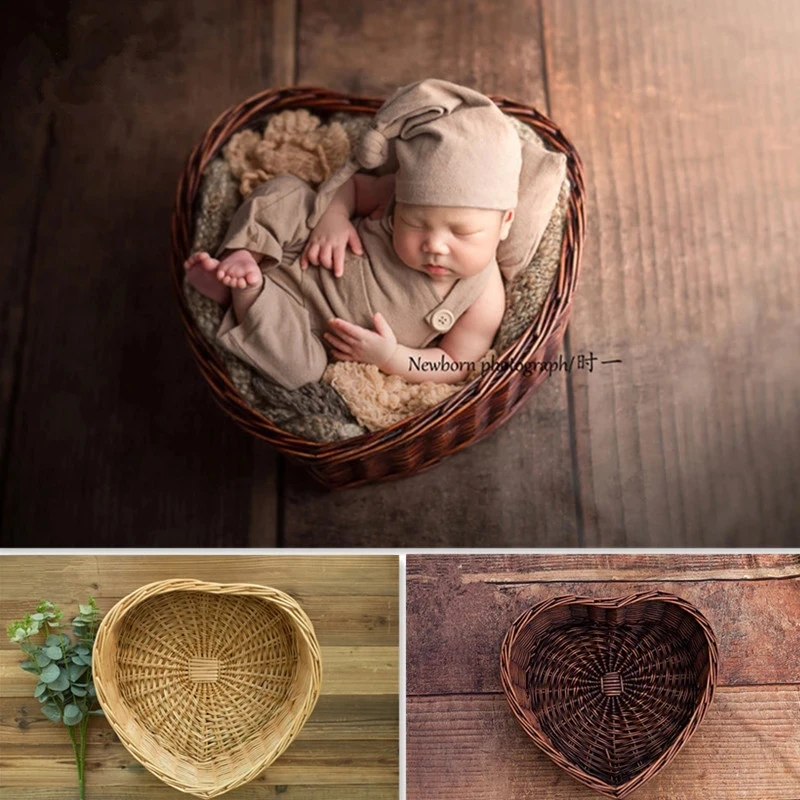 Newborn Hand Woven Heart Shaped Rattan Basket For Photograph Props Baby Photo Posing Sofa Studio Shooting Photo Bebe Accessories Online Shopping