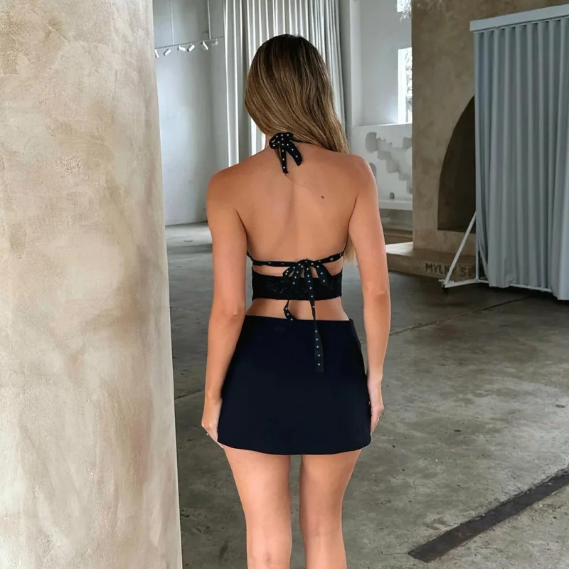 Hot Selling Halter Backless Deep V Lace Patchwork Hollow Out Club Dresses Spicy Girl Lace-up Black Wrap Bodycon Mini Dress