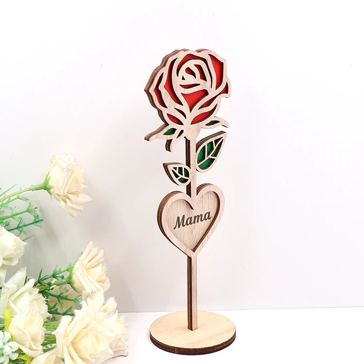 CHA249CH1398-Mother's Day Roses Laser Cut Art Wood Flower Heart Mama Love Christmas Gift Model Number Bauble factory