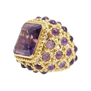 Fine Jewelry Design Made Jewellery Fashion Luxurious Pave Amethyst Jewelry Chunky Gold Plated Custom Ring for Women