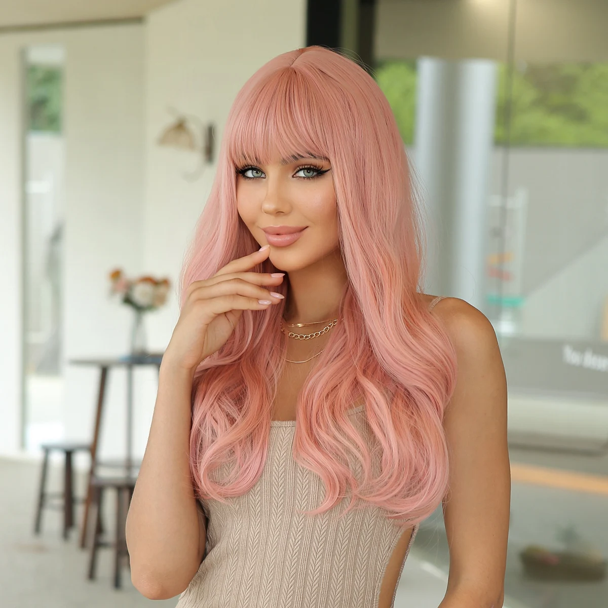 Wig Female 24inch Pink Orange Big Wave Long Curly Qi Bangs High