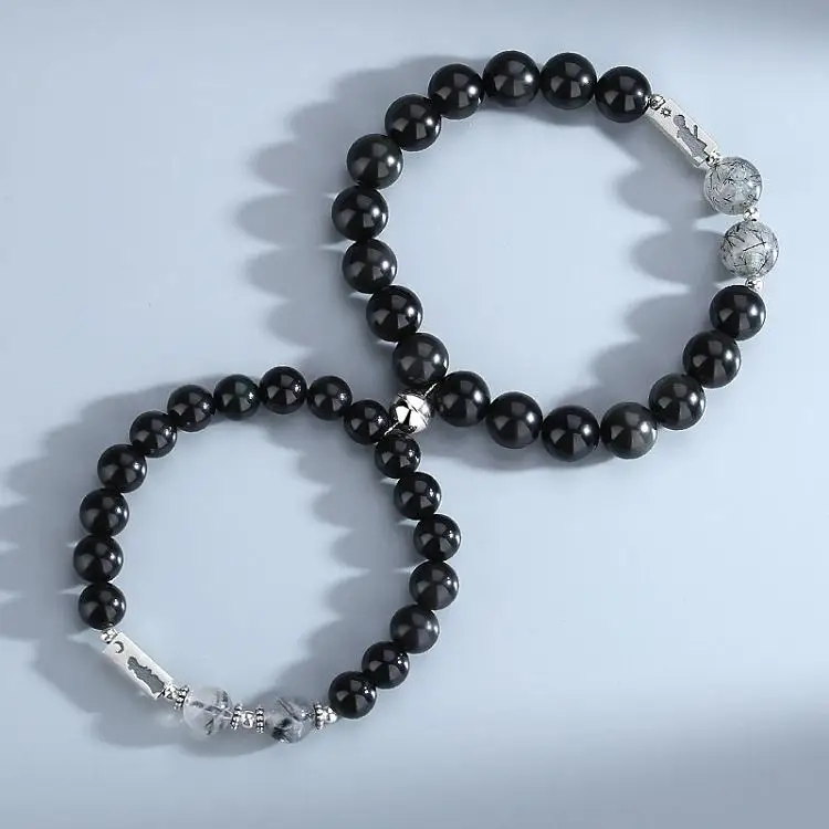 Long Distance bracelets/couple Bracelets touch/miss You bracelets/soulmate 2.0 Touch Bracelets Black Obsidian Cuban Chain Mother of Pearl Link Chain