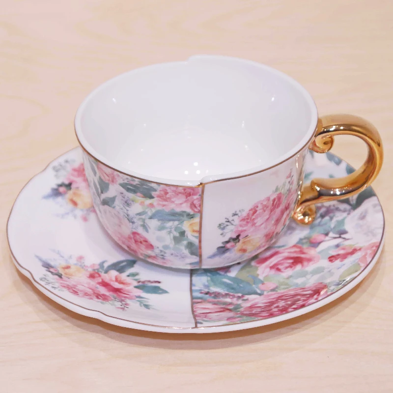 Unique Design Eco Friendly Hybrid Shape Fancy Luxury Ceramic Coffee Tea Cup and Saucer Set With Golden Handle details