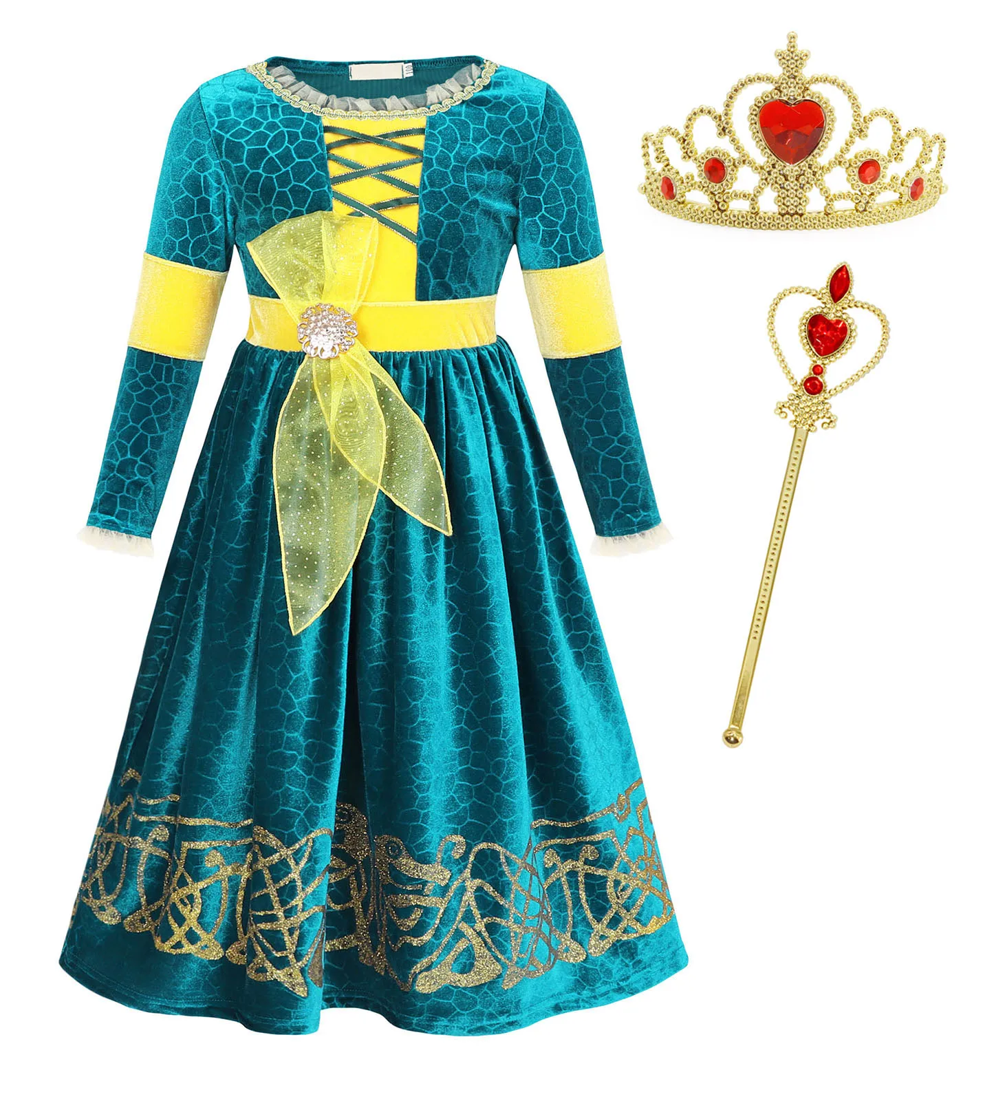 Hot Selling Wholesale Halloween Braver Bravery Merida Cosplay Dress up Costume Girls Dress Princess Dresses With Crown and Wand