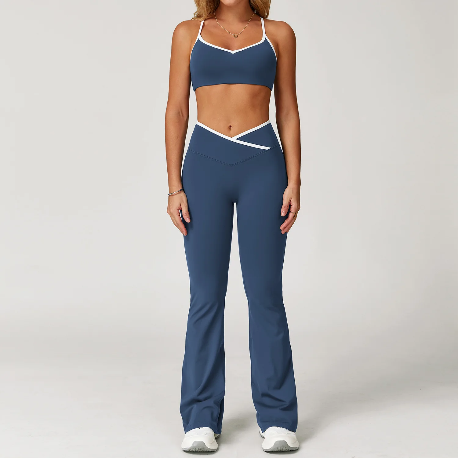 Solid Cross-Waist High-Waist Sweat-Wicking Crisscross Straps V-Neck 2-Piece Yoga Sports preview