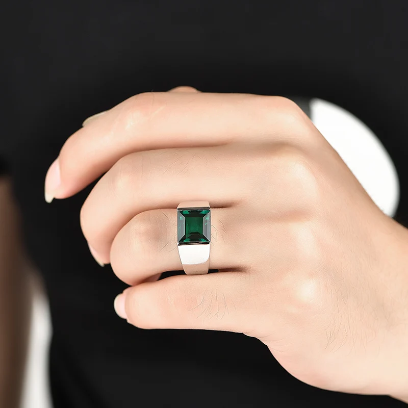 Sales Carats 10mm*10mm Sterling Silver Jewelry Created Square  Emerald Green Nano Gemstone Solitaire Ring for Men