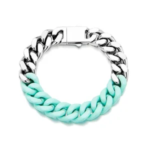 2022 Light Blue Painting Stainless Steel Chunky Cuban Chain Thick Bracelet for Mens Jewelry