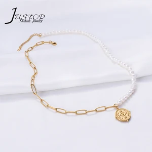 Fashion Jewelry Vintage Coin Charms Pendant Half Pearl Women Gold Plated Chain Choker Necklaces Stainless Steel