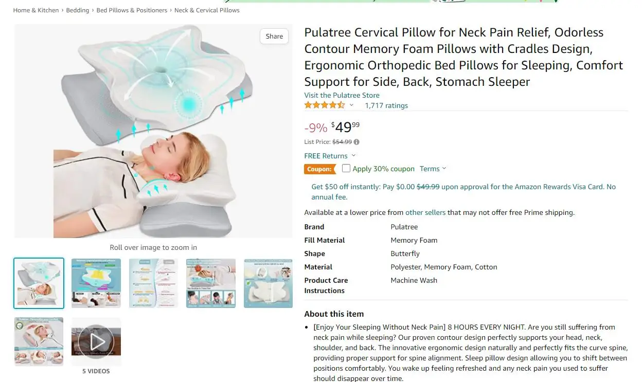 Pulatree Ergonomic Cervical Pillow For Sleeping Orthopedic Support