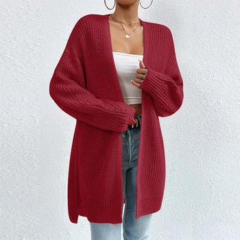 Custom Good Quality V Neck Long Sleeve Loose Thick Warm Solid Casual Ladies Knitted Long Cardigan Winter Sweaters For Women