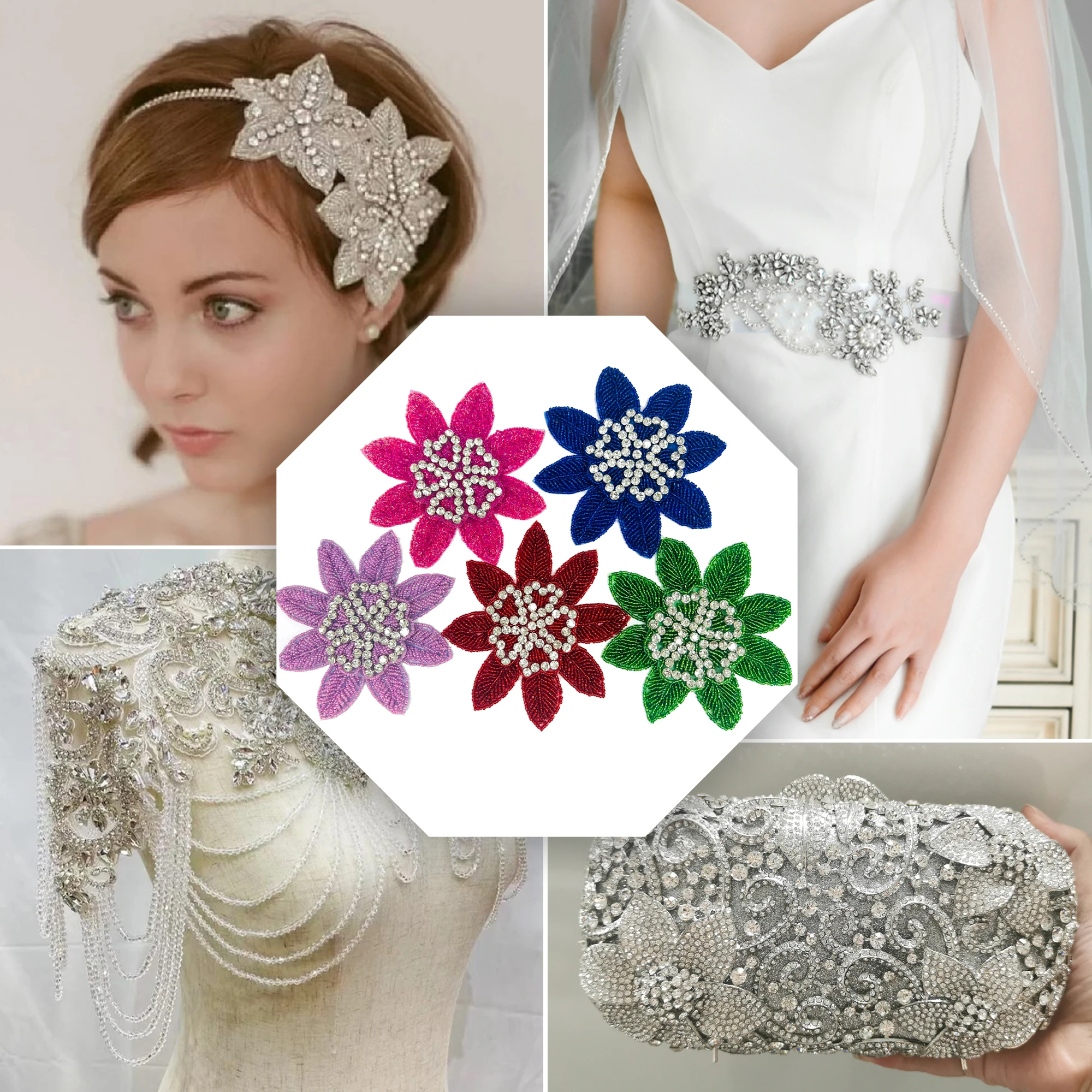 Multi-Color Crystal Rhinestone Flower Motif Applique New Sew-On