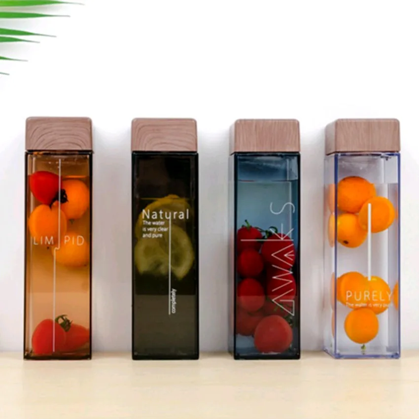 Custom Square Shape Water Bottle Juice Drink Bottle With Wood Grain Lid