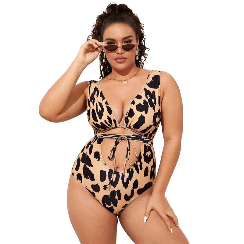 2022 New Design DAMO Plus Size Sexy Women Leopard Swimsuit Hollow Out Tie One Piece Sexy Tankini Recycled Nylon Swimwear