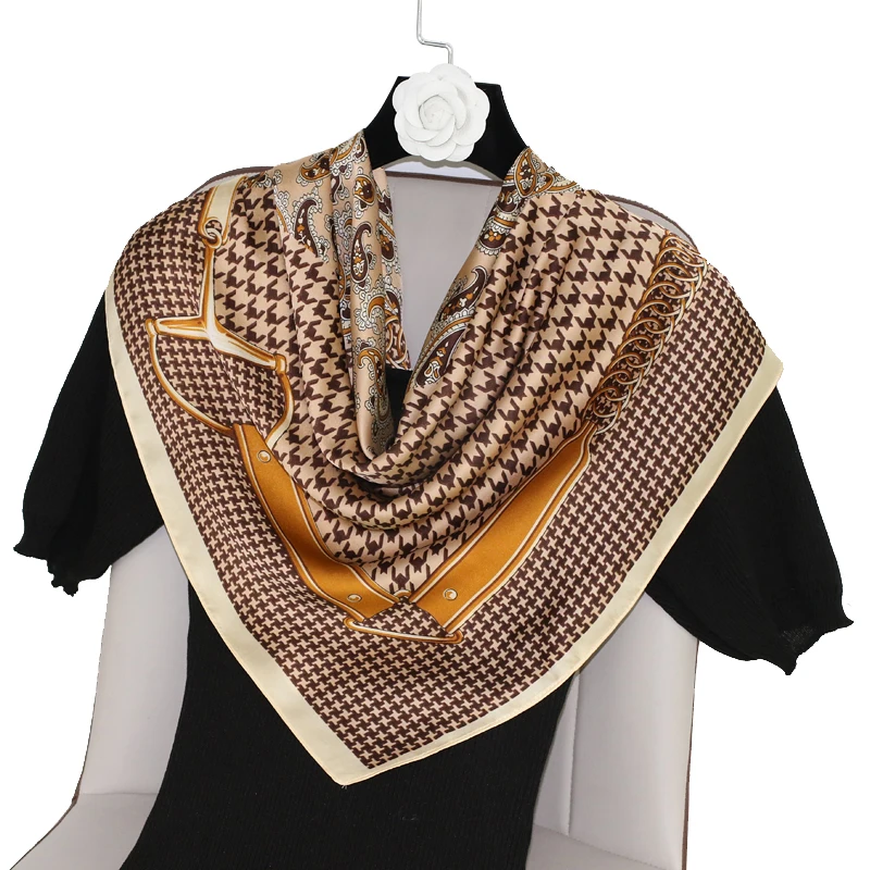 In Stock New Arrival Designer Satin Silk Scarf square 90*90cm Satin Shawl  for Woman Scarf Luxury Silk