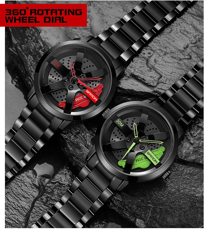 Men Fashion Hot Sell Car Rim Wristwatch 360 Degree Wheel Rim Dial Watches Stainless Steel Waterproof custom (Rotating dial)