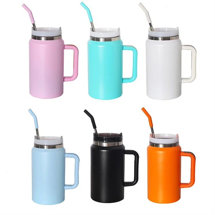 Custom logo 64 oz Adventure Stainless Steel Double Wall Metal Cup Travel  Coffee Mug 64oz Tumbler with Handle