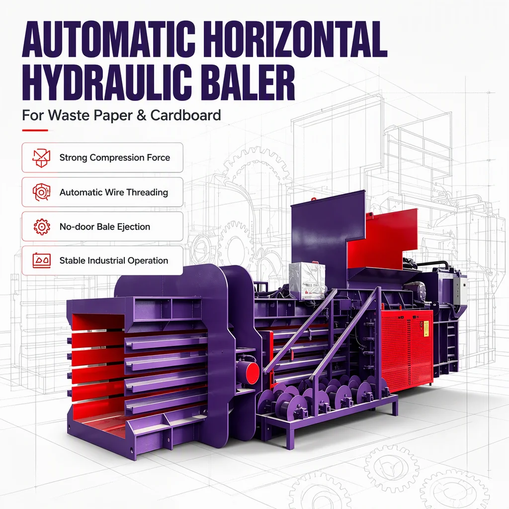 PLC Control Fully Automatic Horizontal Hydraulic Baler  Large Output Waste Materials Compressing and Baling Machine