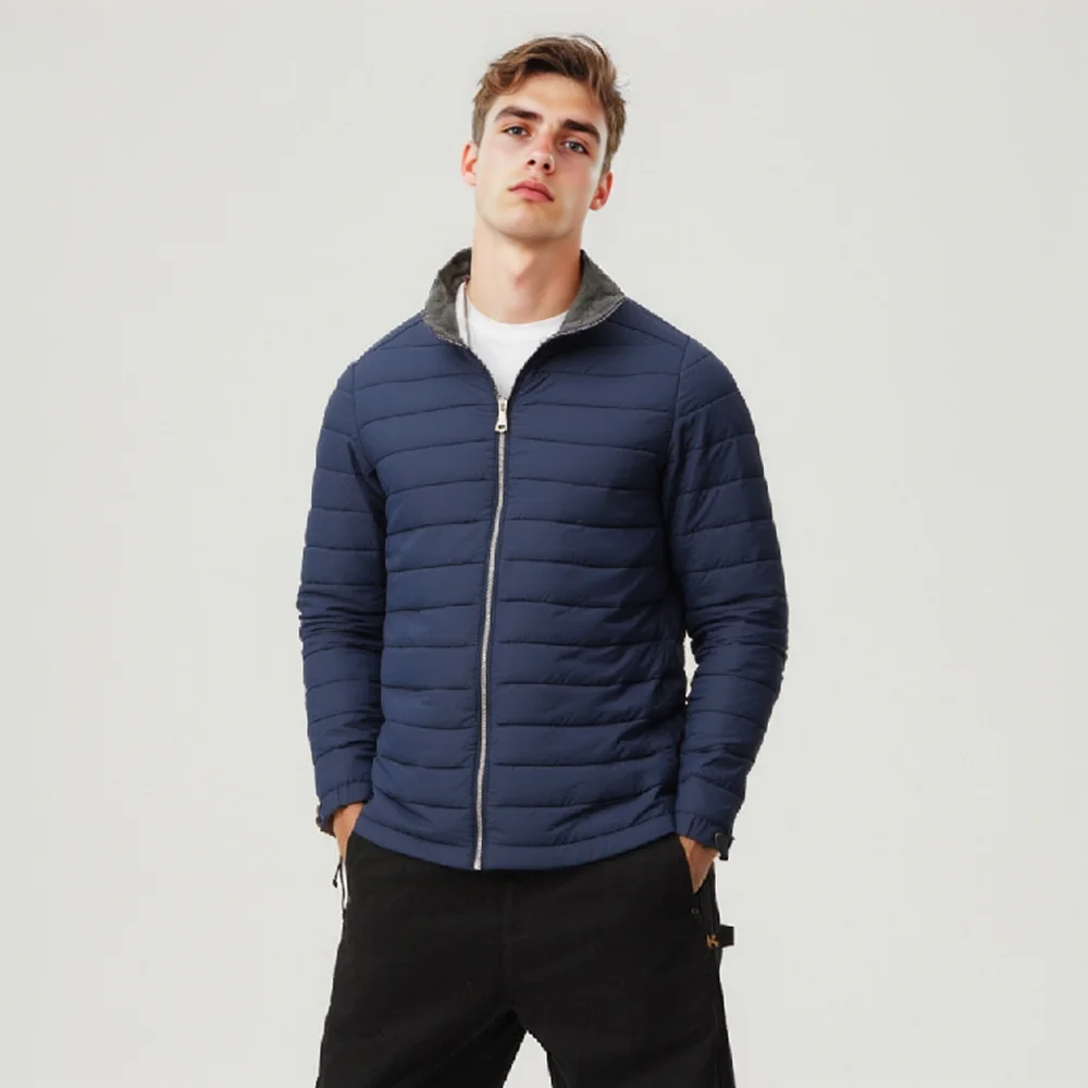 Jas Almamater Warna Polos Hangat Berbulu Model Bomber Musim Dingin Lengan Berdiri Ukuran Besar Jas Pria Slim