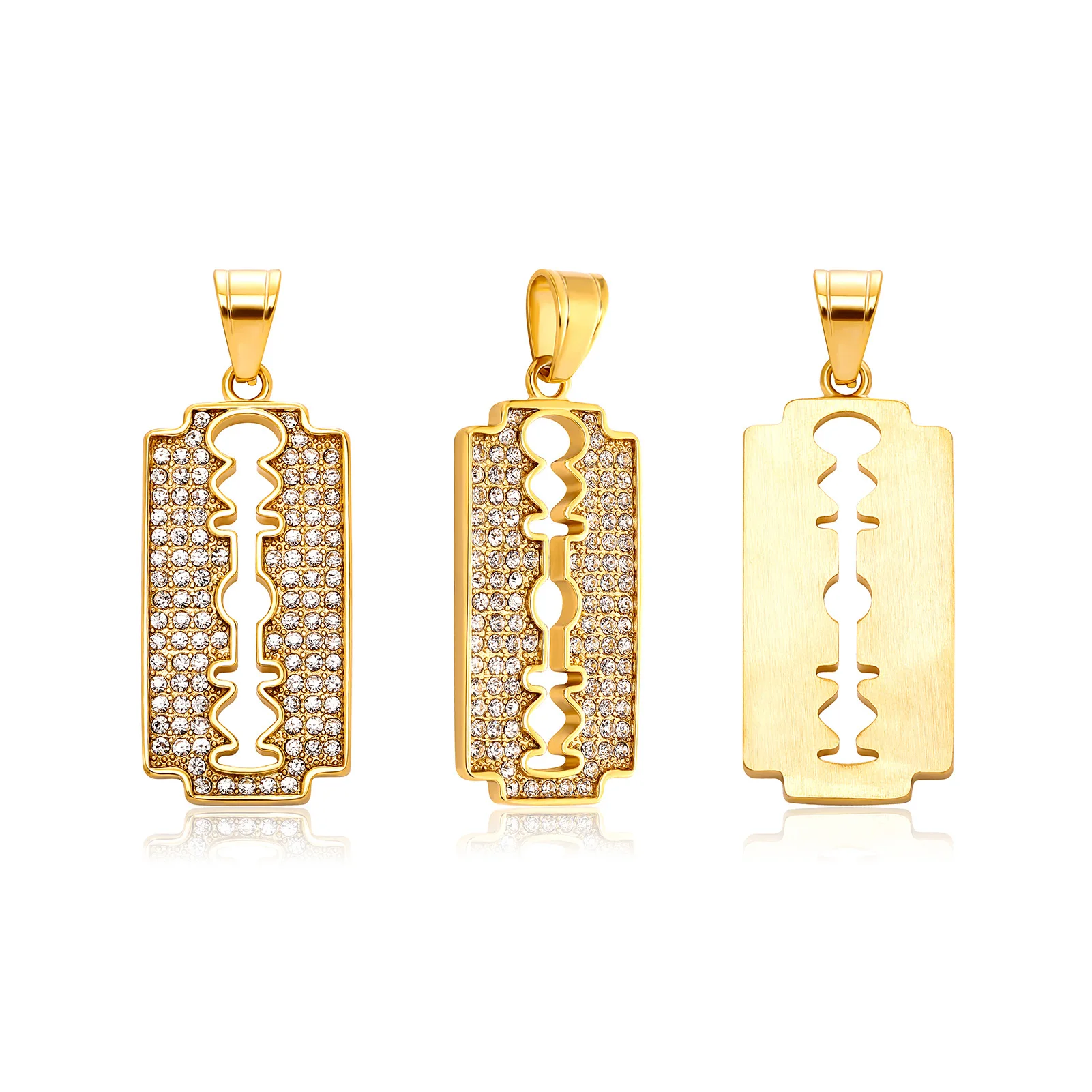 Gold Plated Razor Blade Pendant - Iced Out Hip Hop Jewelry