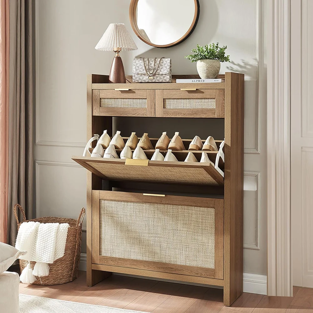 Wooden Shoe Storage Cabinet 2 Drawers 2 Flip Drawers Modern Farmhouse Boho Narrow Shoe Rack with Space-Saving Design