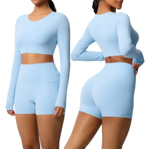 High Quality New Yoga Set with Chest Pad Long Sleeves and Shorts with Pockets Outdoor Running Fitness Yoga Set