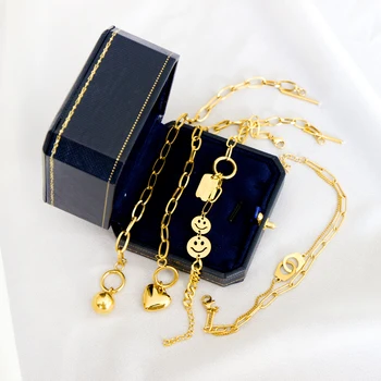 Popular Women Necklace Waterproof Lead Free 18k Gold Plated Steel Heart Shape Double Chains Shell Bracelet Bangle Jewelry