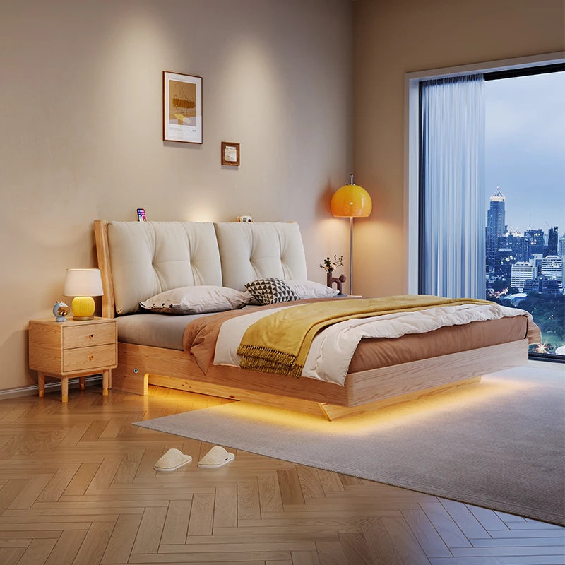 Custom Modern Design Queen/King Floating Bed With High Air Storage Box Solid Ash Wood Bedroom Furniture Bunk Bed Frame