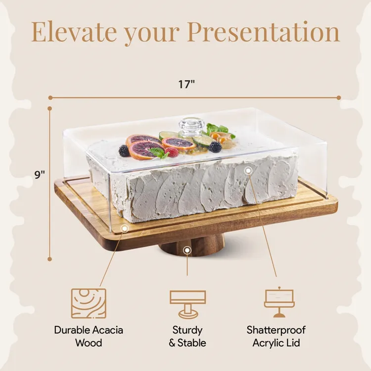 Party Decoration Dessert Table Display Set 2-In-1 Raiser Charcuterie Board Acacia Wood Cake Stand  With Glass Acrylic Lid