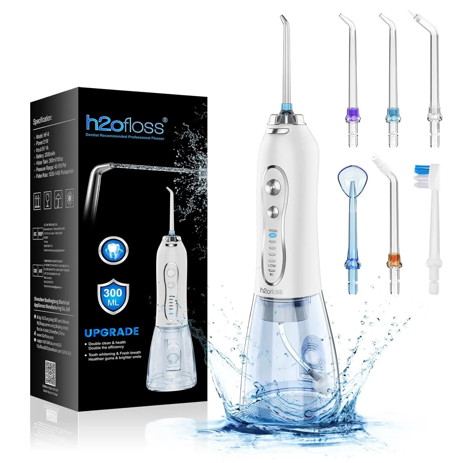 H2ofloss HF-6 Upgraded 300ml Cordless Water dental flosser TYPE C ...