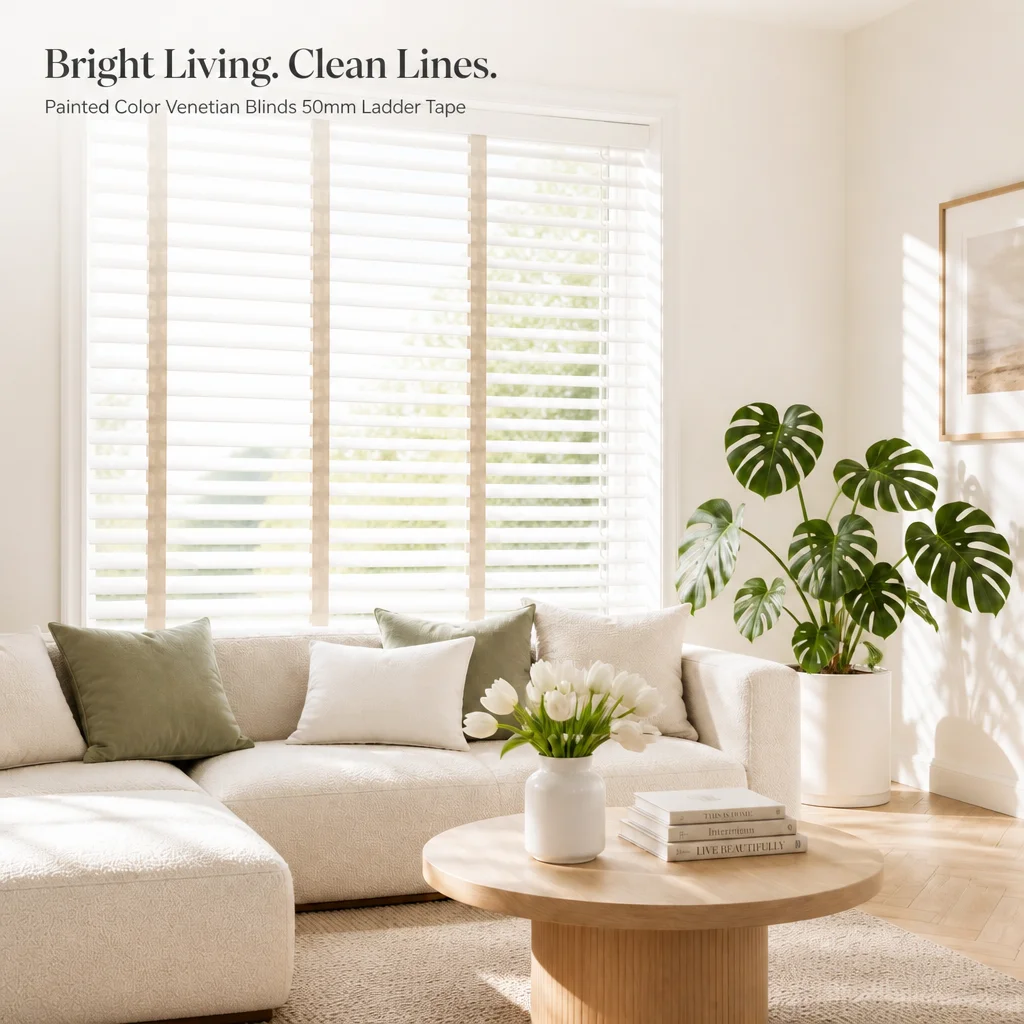 White Solid Wood Venetian Blinds 50mm Painted Color Ladder Tape Pull Cord Living Room Light Filtering Custom Size OEM