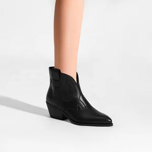 Women's Black Faux Leather Chelsea Cowboy Boots with Low Block Heel and Side Zipper Autumn/Winter Comfort
