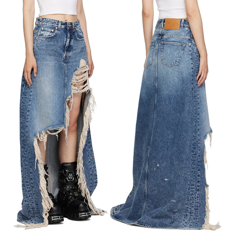 Shop Our Custom Blue Destroyed Denim Maxi Skirt for Women