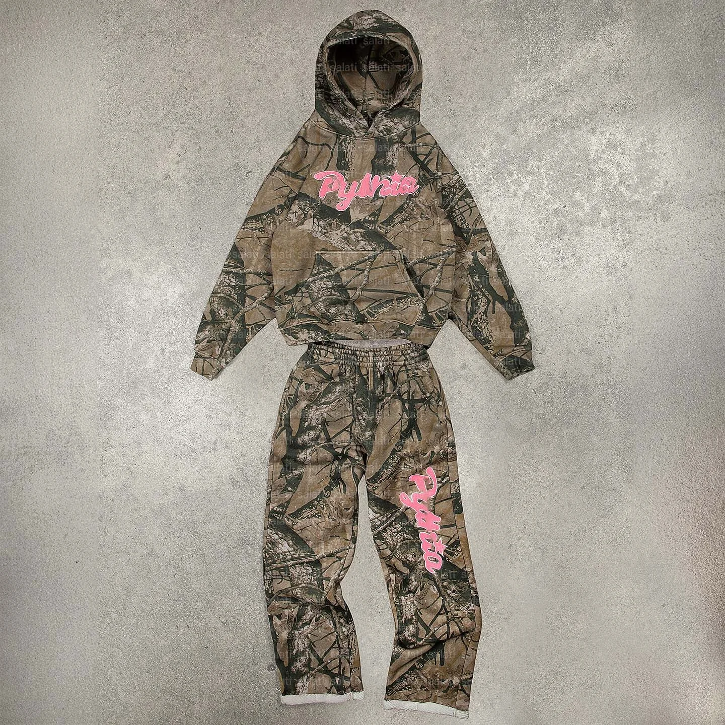 Salati Men Sweatshirts Boxy Baggy Pullover Dig Print Stitching Patch Chenille Embroidery Real Tree Camouflage Camo Hoodie Unisex gallery 3