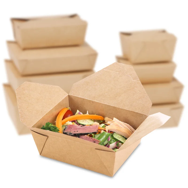 Biodegradable take away packaging kraft paper folding lunch box disposable food container