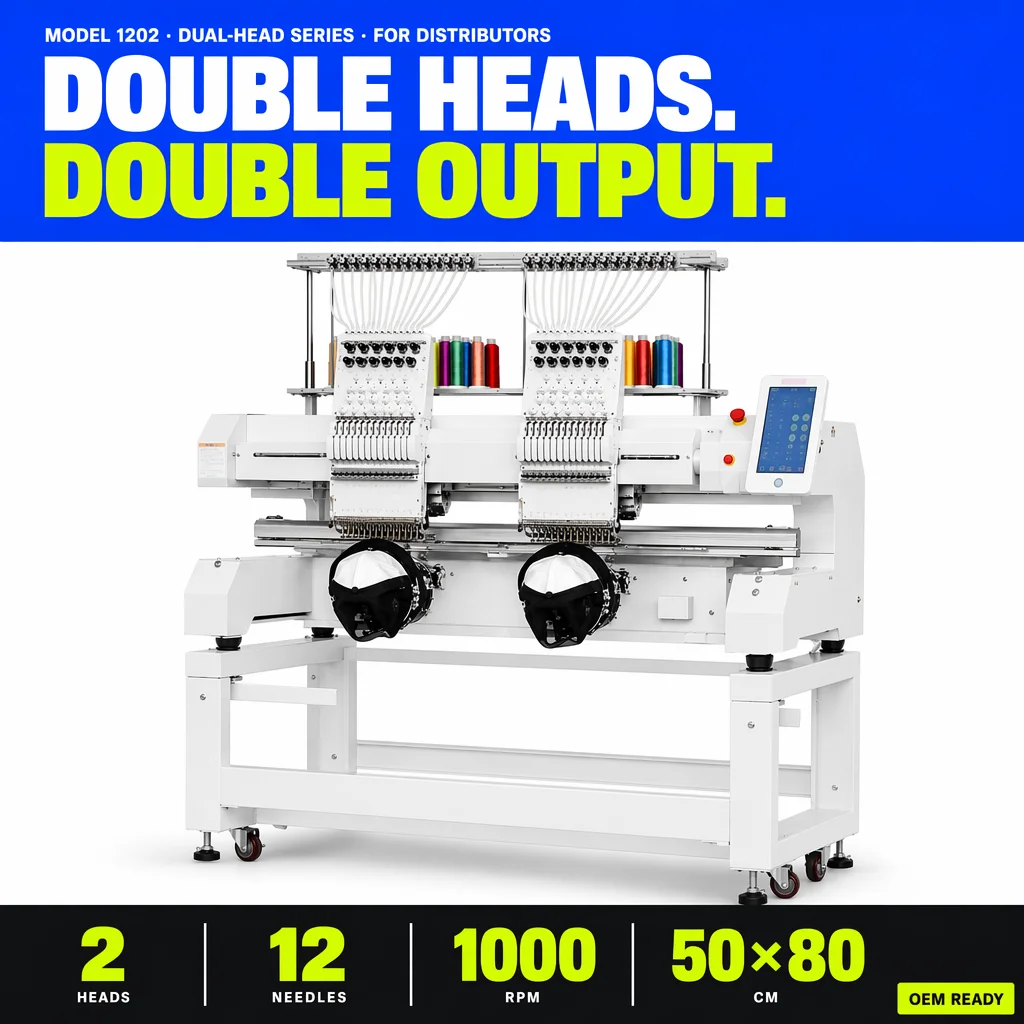 New Double Head High Speed Computerized Embroidery Machine 12 Needle 50x80cm Large Area Automatic Cap Hat Garment Sale