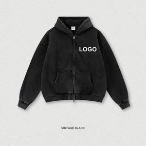 400G Custom logo Oversized Hoody Without Drawstring Comfort Streetwear Loose Distress Vintage Wash Men Zip up Hoodie for Winter