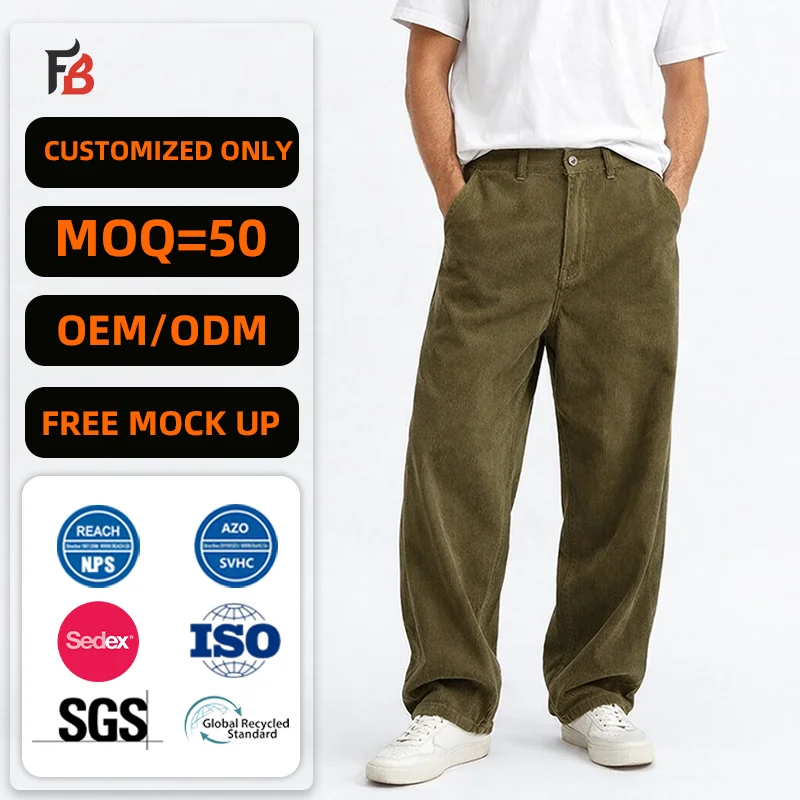 New Designer High Quality Custom Fashion Green Baggy Casual Classicfit Corduroy Pants Men