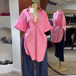 HK72938 Boutique Wholesale 2025 Summer New Fashionable Casual Lapel Striped Long Sleeved Loose Slimming Women's X-Long Shirt