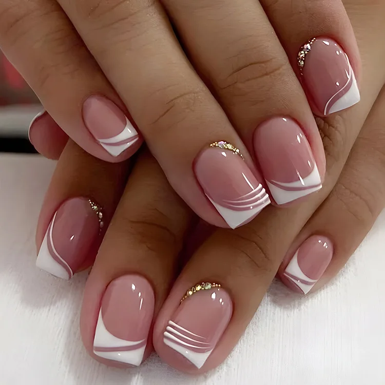 Nail Artificial Short Tips Diamond Press on Nails Full Cover Fake French Nails Set