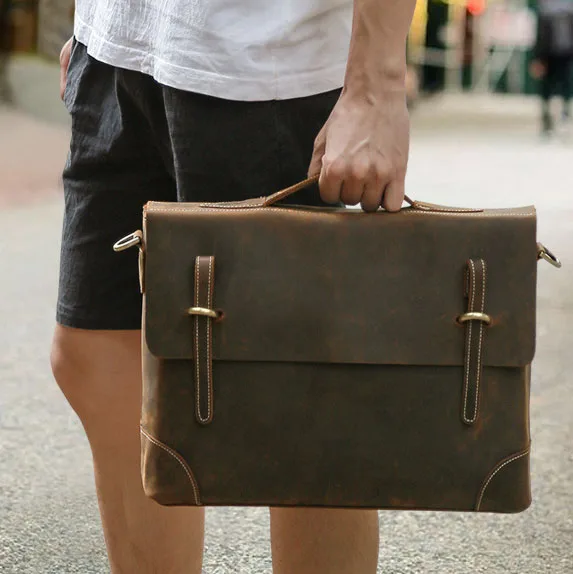 Custom logo vintage style leather shoulder bag men office laptop bag tote daily use messenger mens leather briefcase