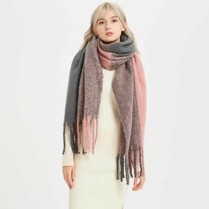 Roregal 2 Color Spliced Warm Scarf Women's Custom Oversize Polyester Solid Shawl with Tassels Winter Scarf