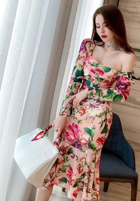 ZYHT Bodycon Dress - Retro Mid-Length, Long Sleeve Print